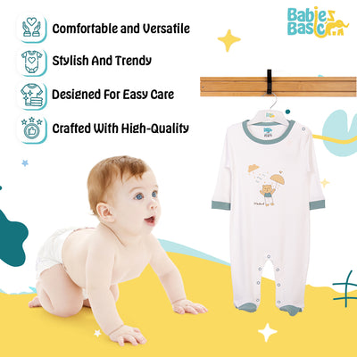 Babies Basic - Printed Cotton Long Sleeves Sleepsuit/Romper - White/Green