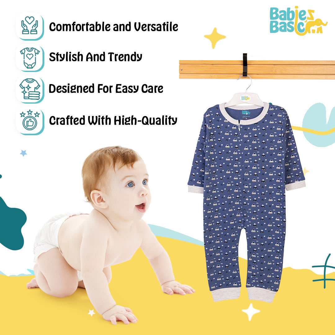 Babies Basic - Printed Cotton Long Sleeves Sleepsuit/Romper -Blue/Cream