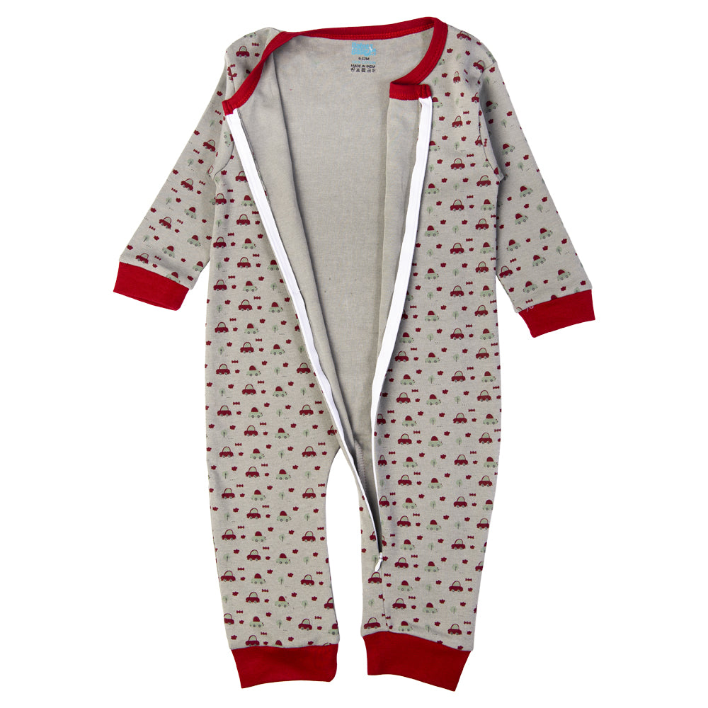 Babies Basic - Printed Cotton Long Sleeves Sleepsuit/Romper - Grey/Red