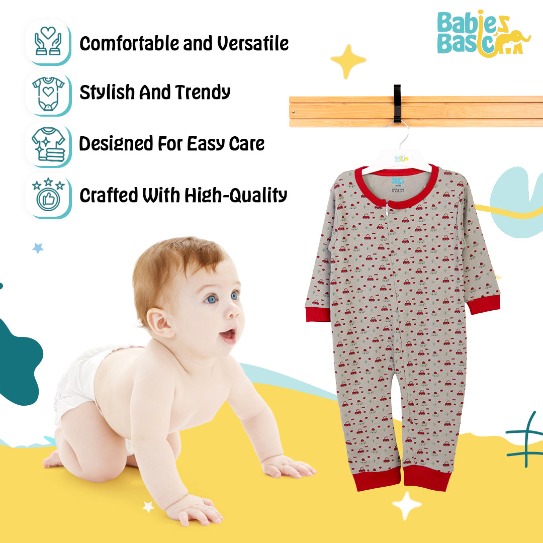 Babies Basic - Printed Cotton Long Sleeves Sleepsuit/Romper - Grey/Red