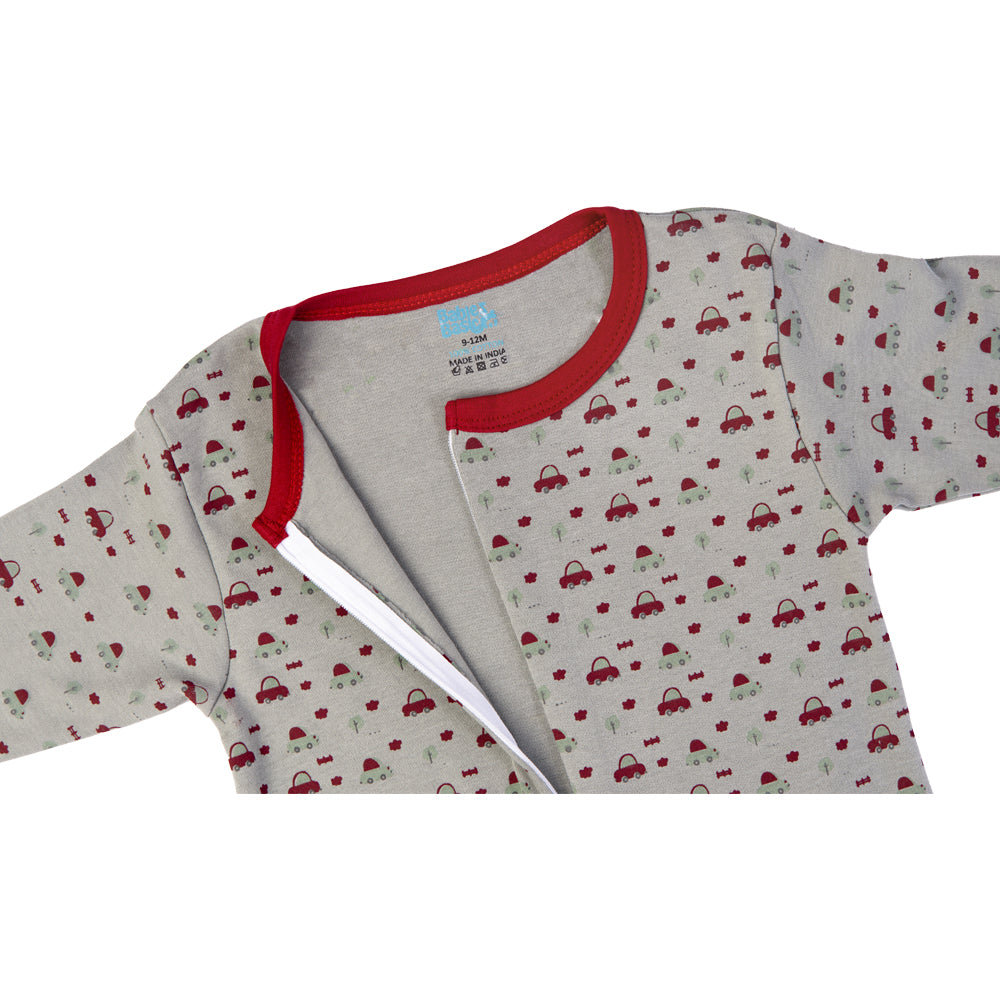 Babies Basic - Printed Cotton Long Sleeves Sleepsuit/Romper - Grey/Red