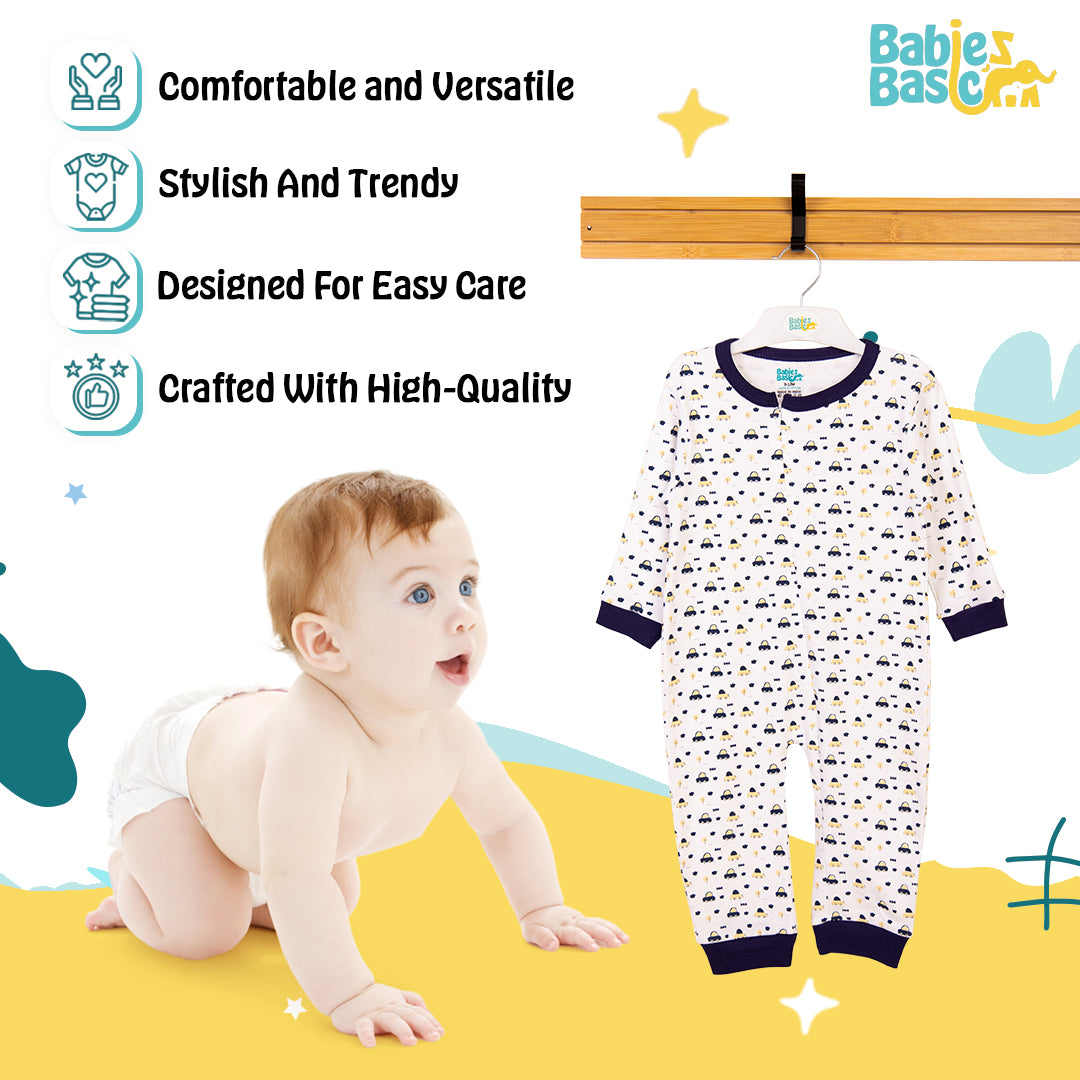 Babies Basic - Printed Cotton Long Sleeves Sleepsuit/Romper - White/Blue