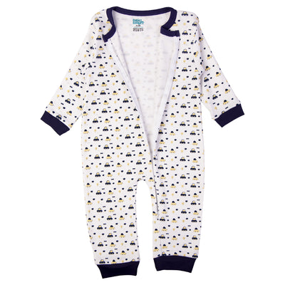 Babies Basic - Printed Cotton Long Sleeves Sleepsuit/Romper - White/Blue