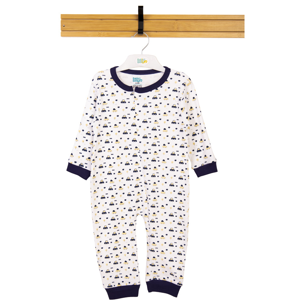 Babies Basic - Printed Cotton Long Sleeves Sleepsuit/Romper - White/Blue