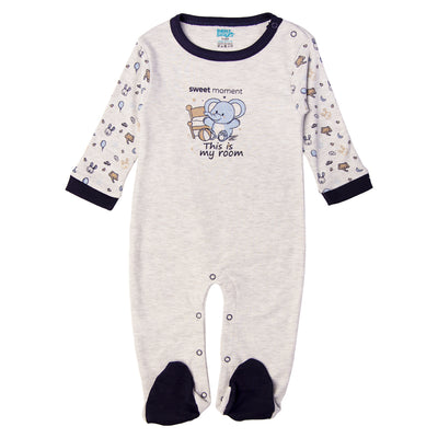 Babies Basic - Printed Cotton Long Sleeves Sleepsuit/Romper -Grey/Blue