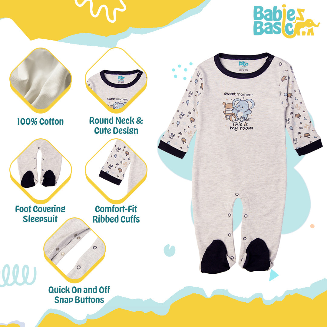 Babies Basic - Printed Cotton Long Sleeves Sleepsuit/Romper -Grey/Blue