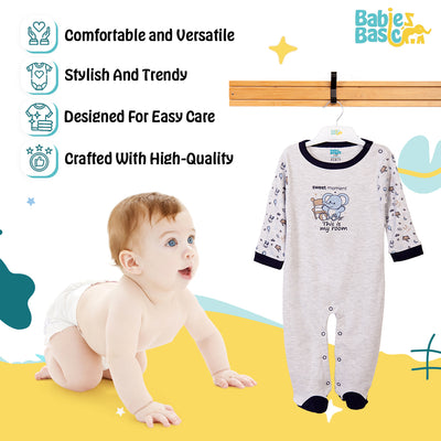 Babies Basic - Printed Cotton Long Sleeves Sleepsuit/Romper -Grey/Blue