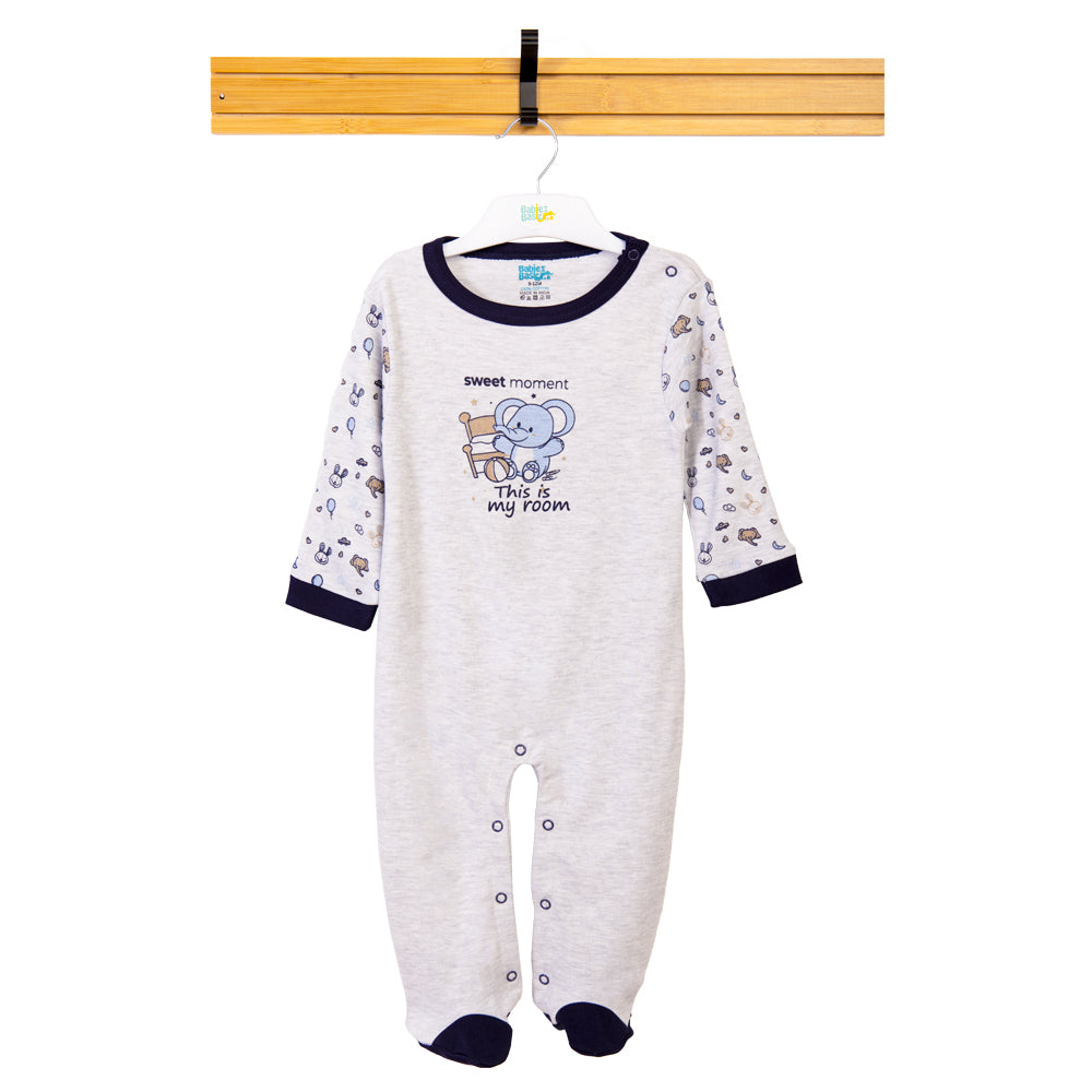 Babies Basic - Printed Cotton Long Sleeves Sleepsuit/Romper -Grey/Blue