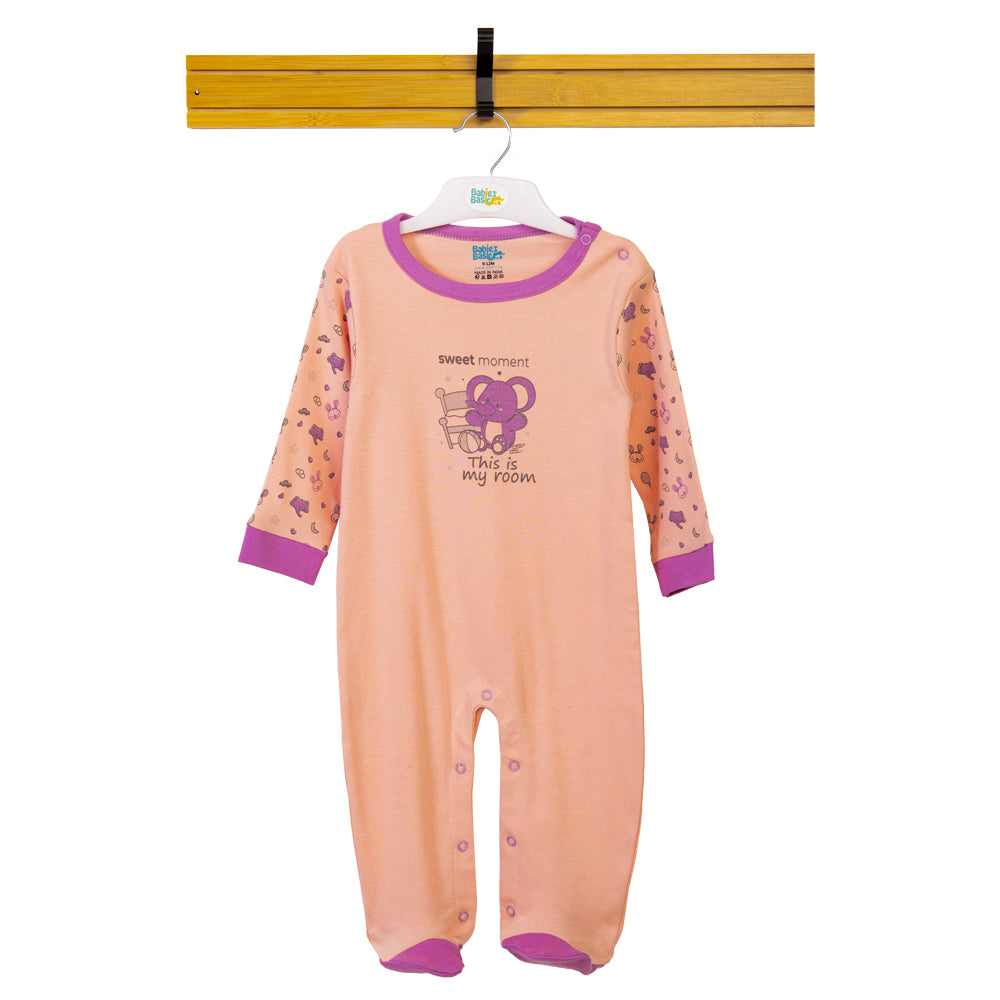 Babies Basic - Printed Cotton Long Sleeves Sleepsuit/Romper -Orange/Purple