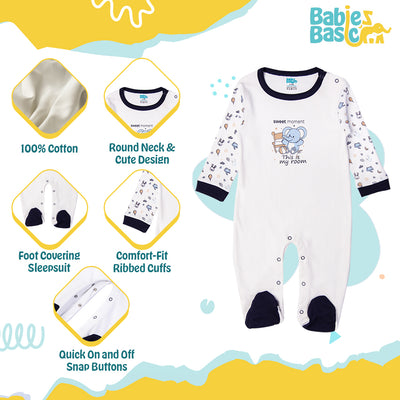 Babies Basic - Printed Cotton Long Sleeves Sleepsuit/Romper -White/Blue