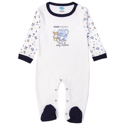 Babies Basic - Printed Cotton Long Sleeves Sleepsuit/Romper -White/Blue