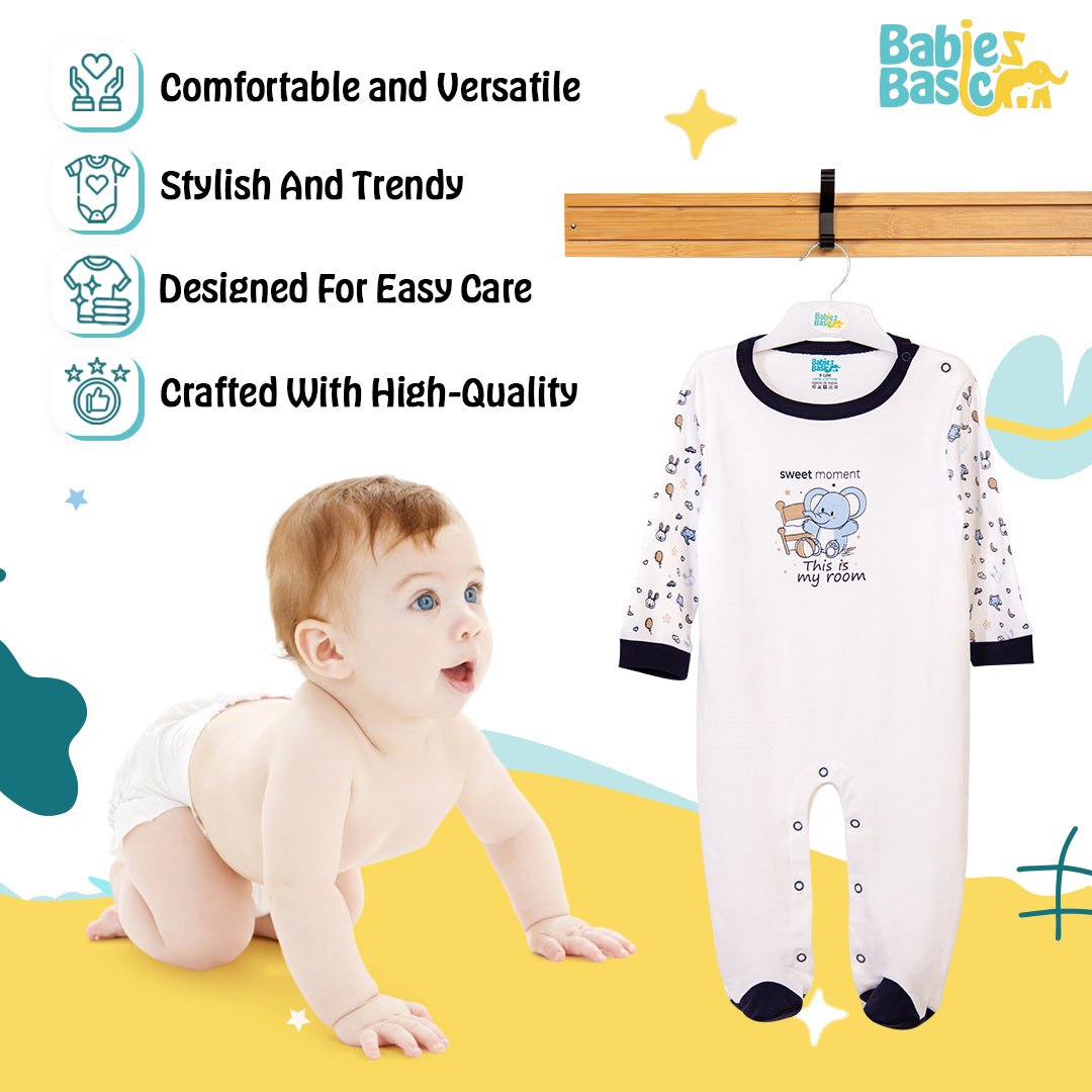 Babies Basic - Printed Cotton Long Sleeves Sleepsuit/Romper -White/Blue