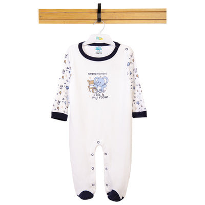 Babies Basic - Printed Cotton Long Sleeves Sleepsuit/Romper -White/Blue