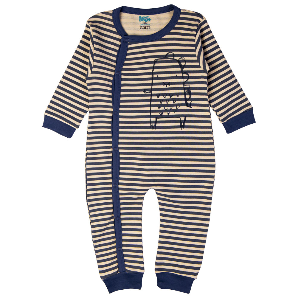 Babies Basic - Printed Cotton Long Sleeves Sleepsuit/Romper -Beige/Blue