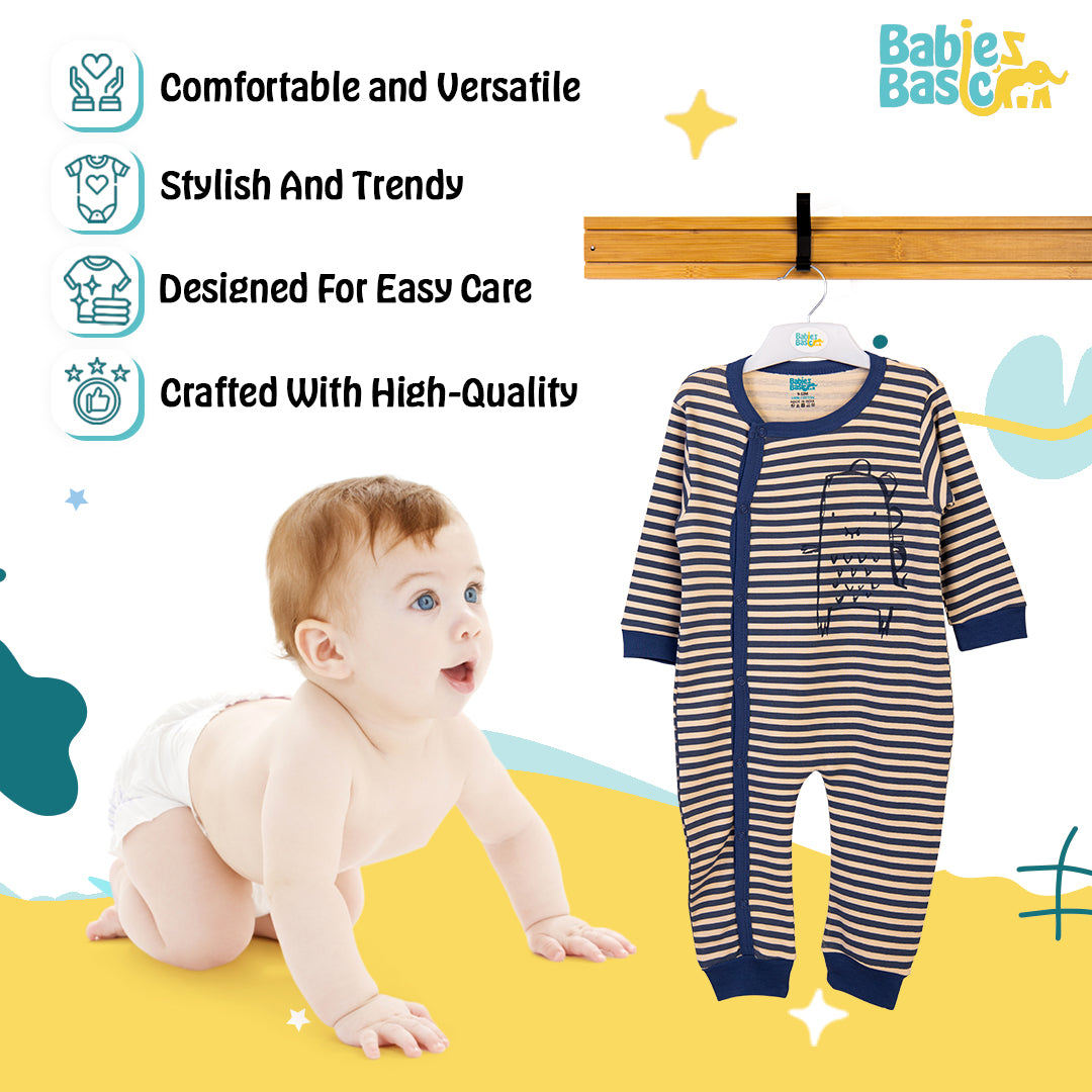 Babies Basic - Printed Cotton Long Sleeves Sleepsuit/Romper -Beige/Blue