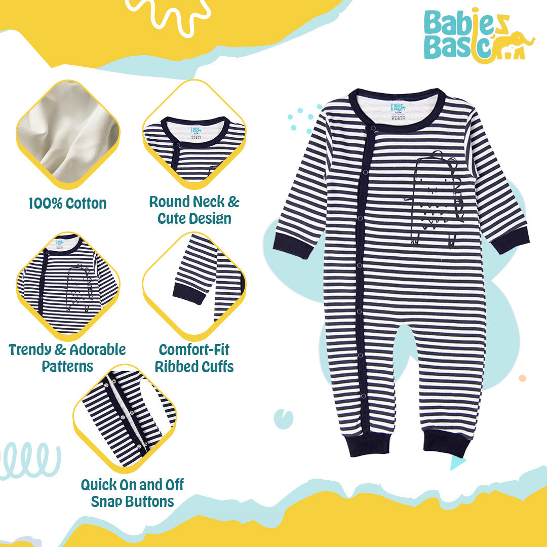 Babies Basic - Printed Cotton Long Sleeves Sleepsuit/Romper -Grey/Blue