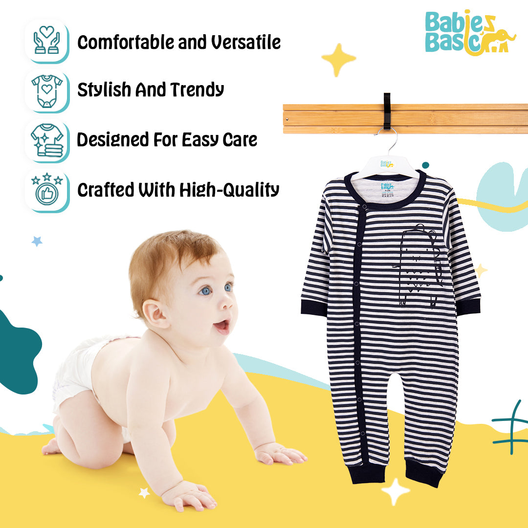 Babies Basic - Printed Cotton Long Sleeves Sleepsuit/Romper -Grey/Blue