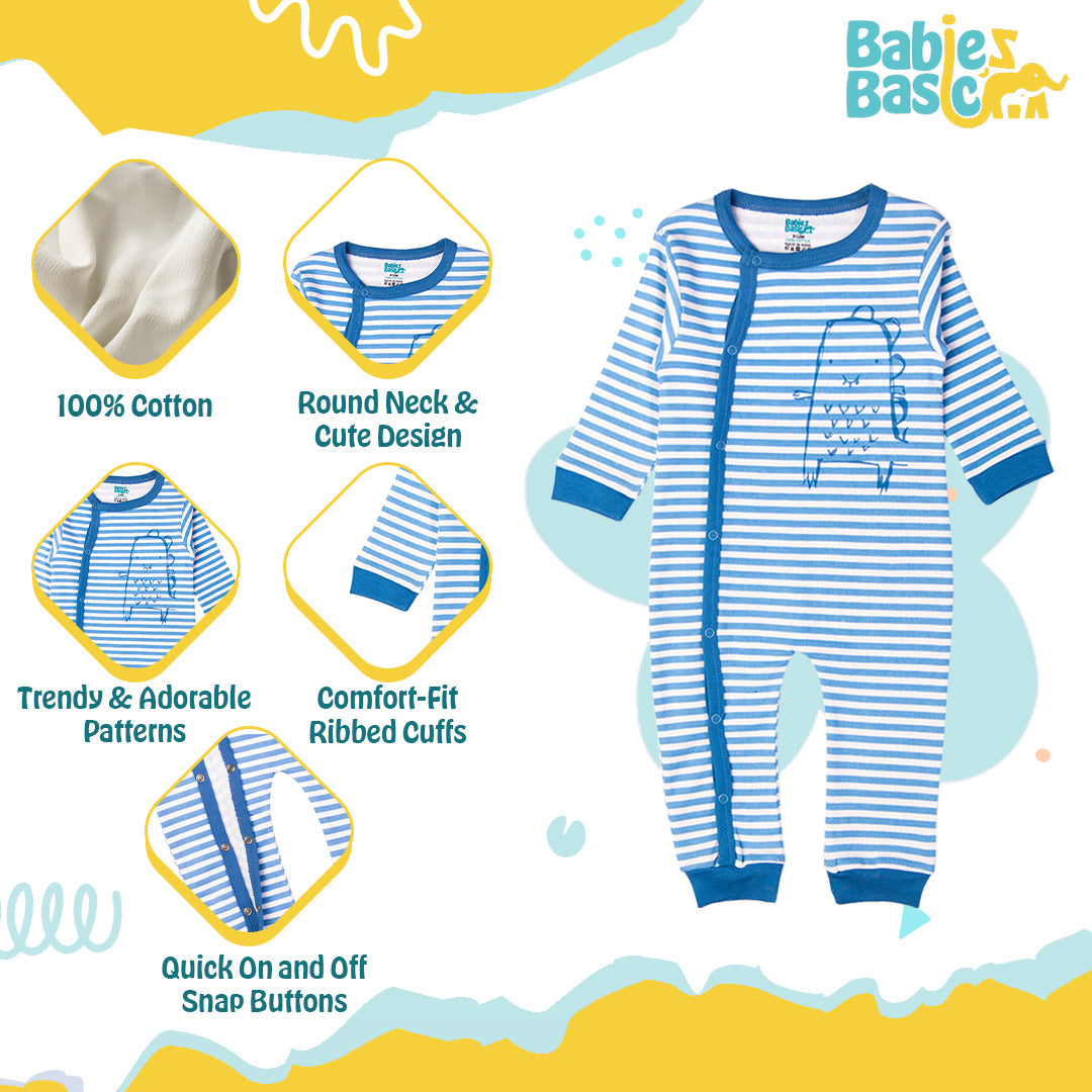 Babies Basic - Printed Cotton Long Sleeves Sleepsuit/Romper -Blue/White