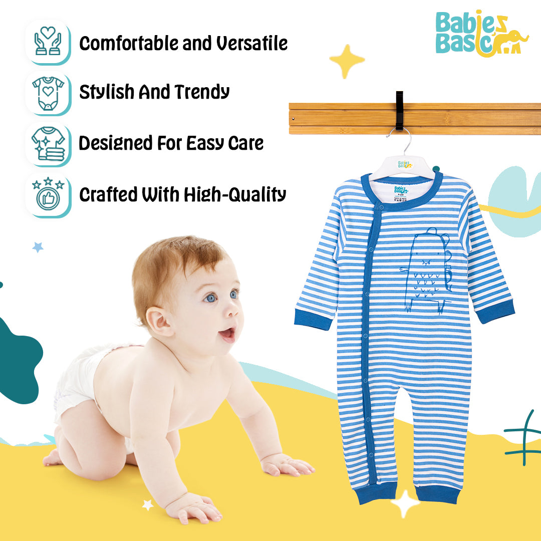 Babies Basic - Printed Cotton Long Sleeves Sleepsuit/Romper -Blue/White