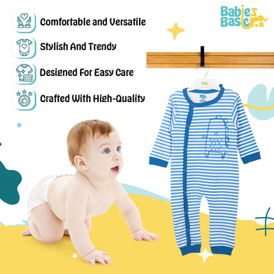 Babies Basic - Printed Cotton Long Sleeves Sleepsuit/Romper -Blue/White