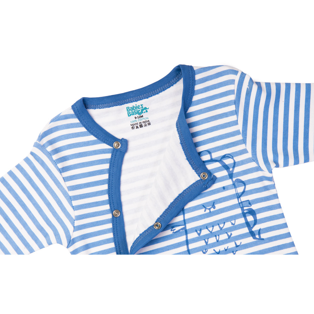 Babies Basic - Printed Cotton Long Sleeves Sleepsuit/Romper -Blue/White