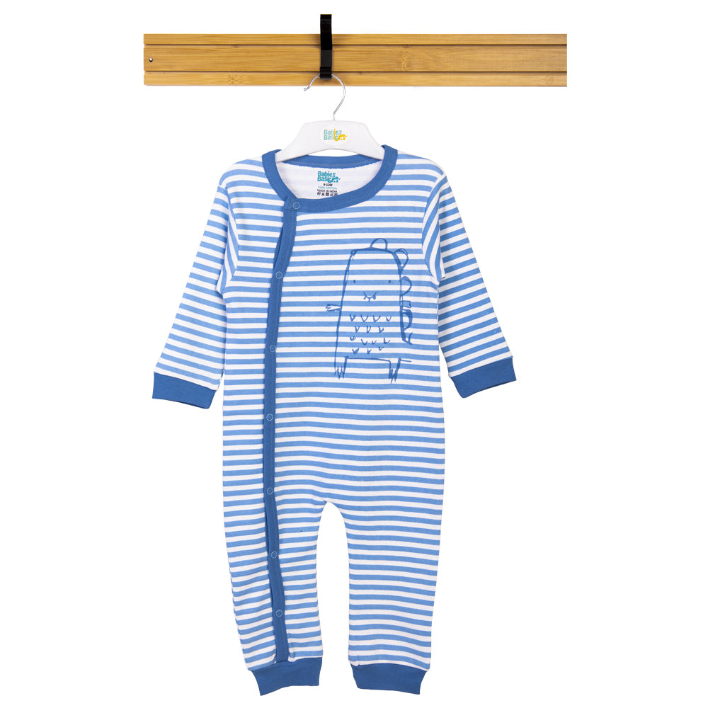 Babies Basic - Printed Cotton Long Sleeves Sleepsuit/Romper -Blue/White