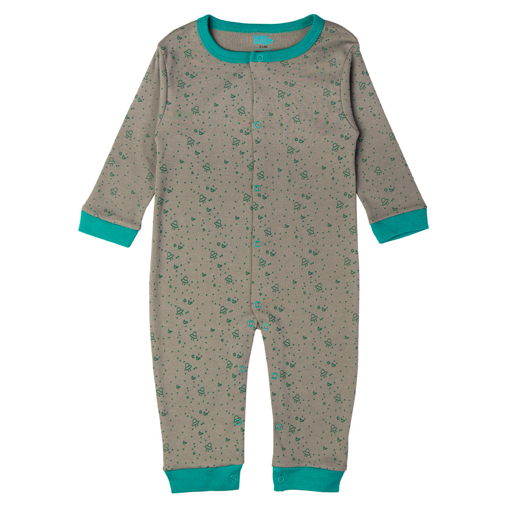 Babies Basic - Printed Cotton Long Sleeves Sleepsuit/Romper -Grey/Green