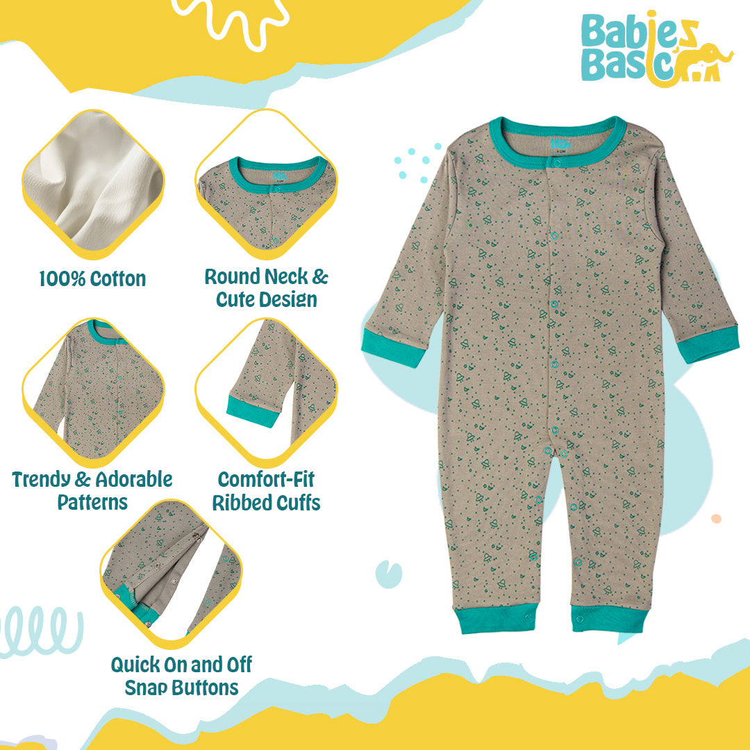 Babies Basic - Printed Cotton Long Sleeves Sleepsuit/Romper -Grey/Green