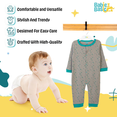 Babies Basic - Printed Cotton Long Sleeves Sleepsuit/Romper -Grey/Green