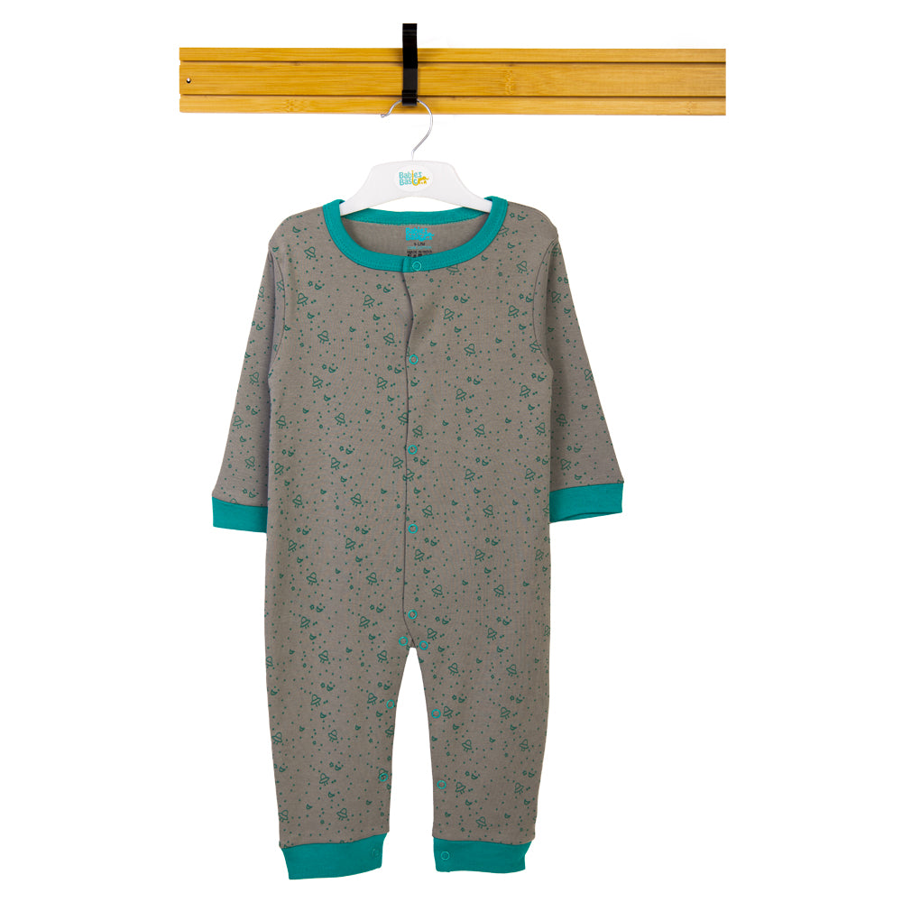 Babies Basic - Printed Cotton Long Sleeves Sleepsuit/Romper -Grey/Green