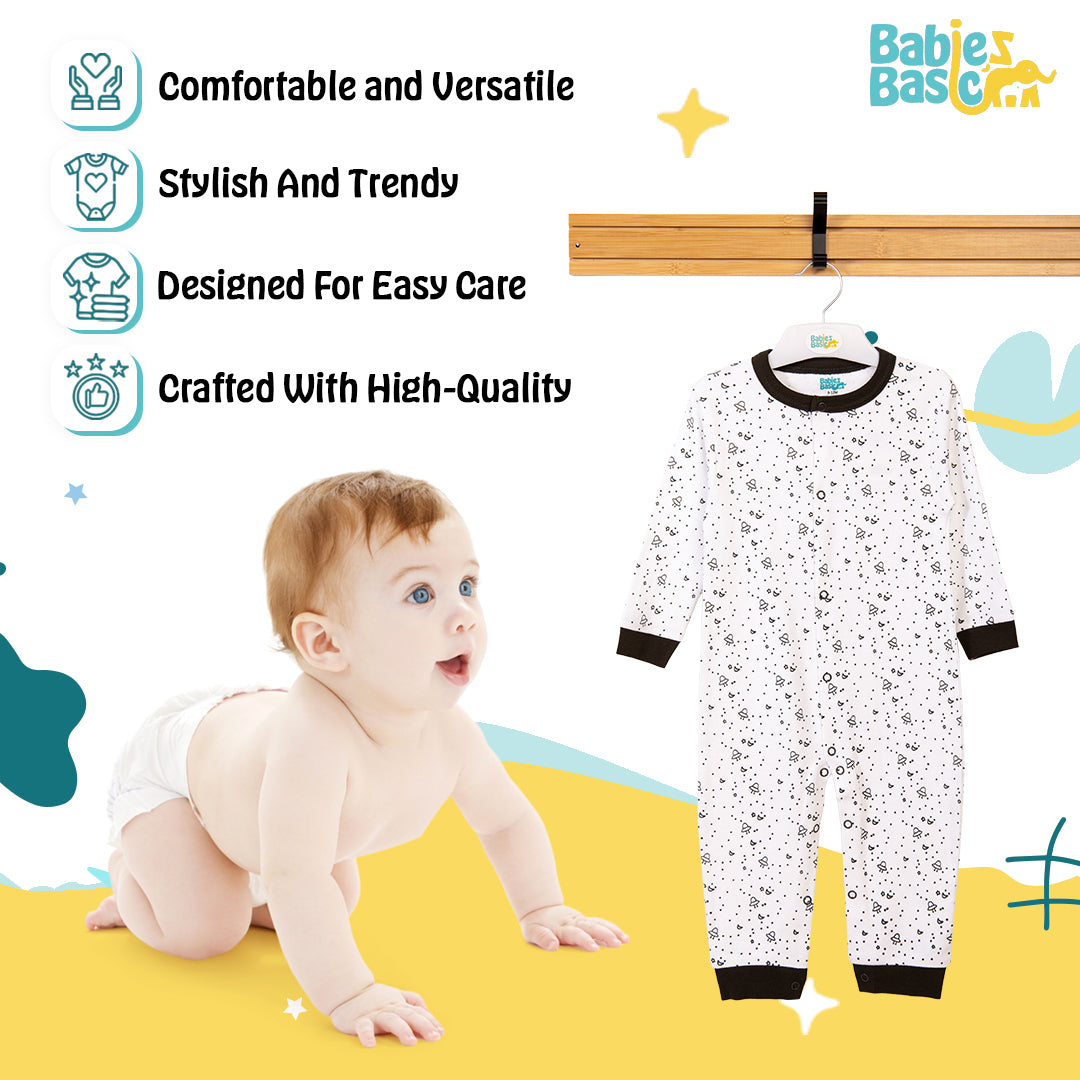 Babies Basic - Printed Cotton Long Sleeves Sleepsuit/Romper -White/Navy