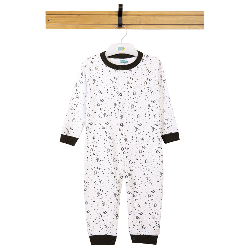 Babies Basic - Printed Cotton Long Sleeves Sleepsuit/Romper -White/Navy