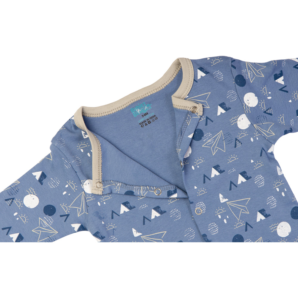 Babies Basic - Printed Cotton Long Sleeves Sleepsuit/Romper -Blue