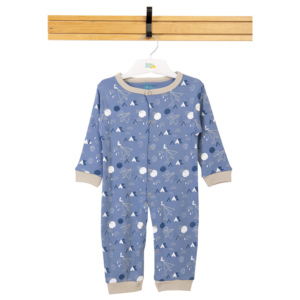 Babies Basic - Printed Cotton Long Sleeves Sleepsuit/Romper -Blue