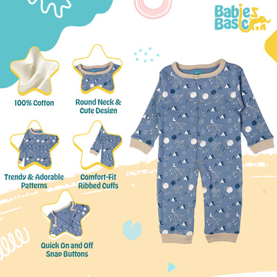 Babies Basic - Printed Cotton Long Sleeves Sleepsuit/Romper -Blue