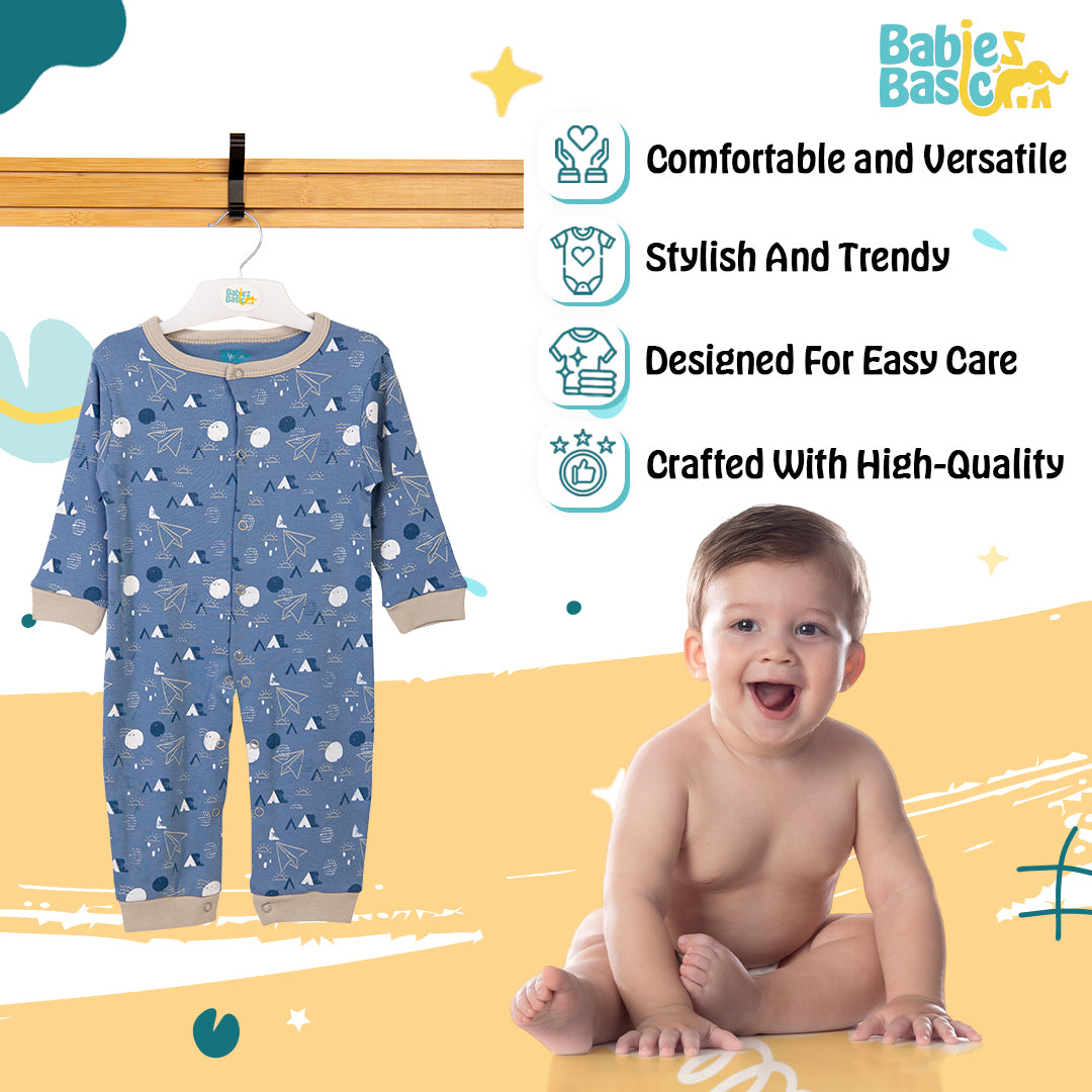 Babies Basic - Printed Cotton Long Sleeves Sleepsuit/Romper -Blue