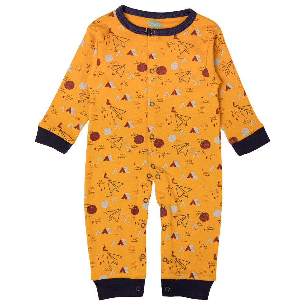 Babies Basic - Printed Cotton Long Sleeves Sleepsuit/Romper -Mustard Yellow