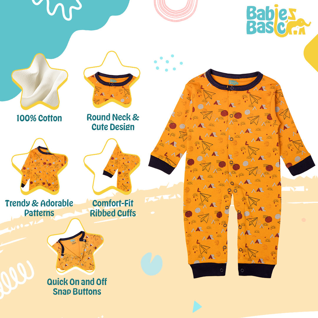 Babies Basic - Printed Cotton Long Sleeves Sleepsuit/Romper -Mustard Yellow