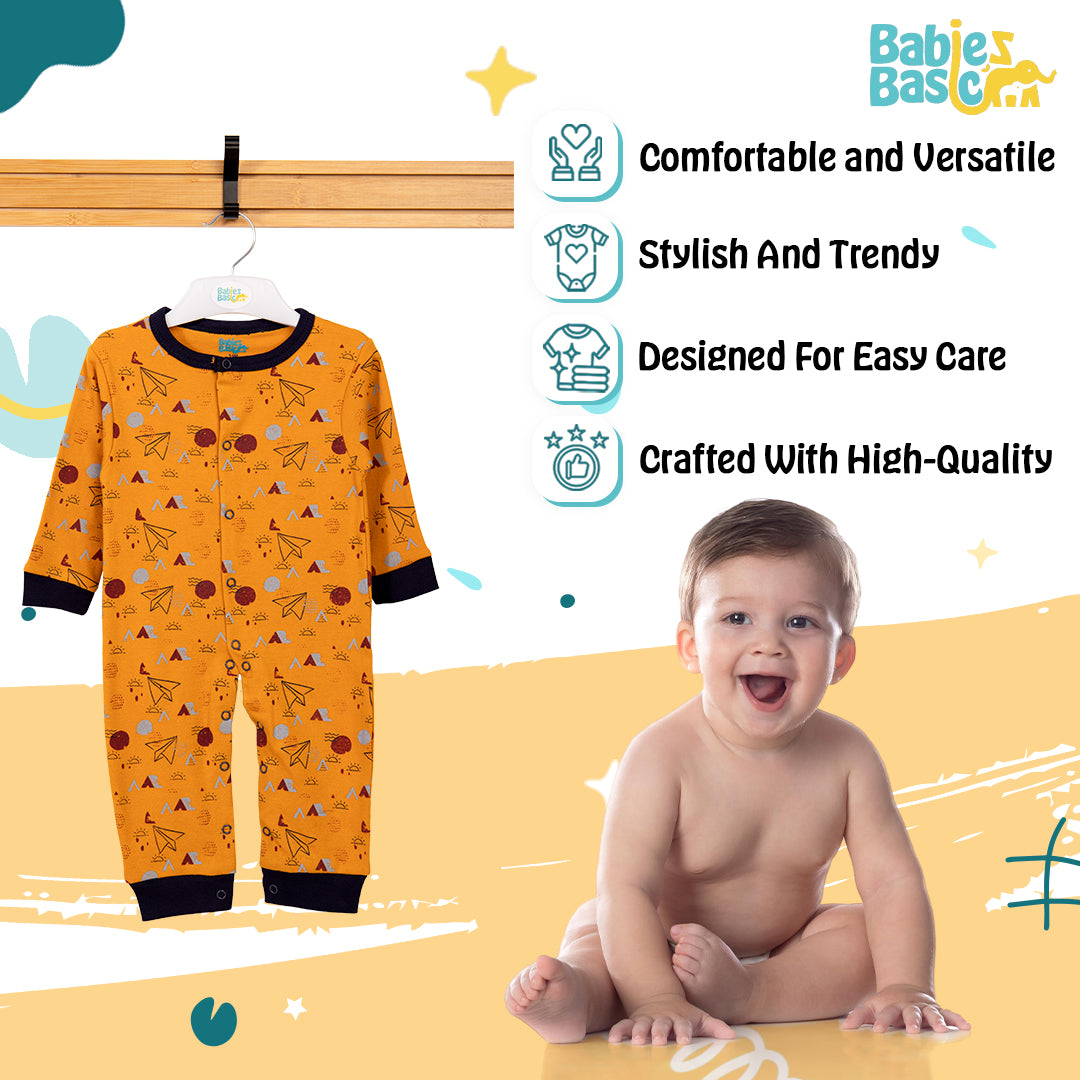 Babies Basic - Printed Cotton Long Sleeves Sleepsuit/Romper -Mustard Yellow