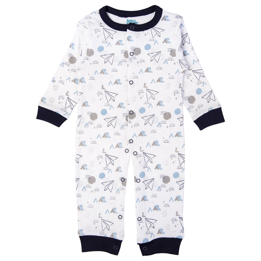 Babies Basic - Printed Cotton Long Sleeves Sleepsuit/Romper -White