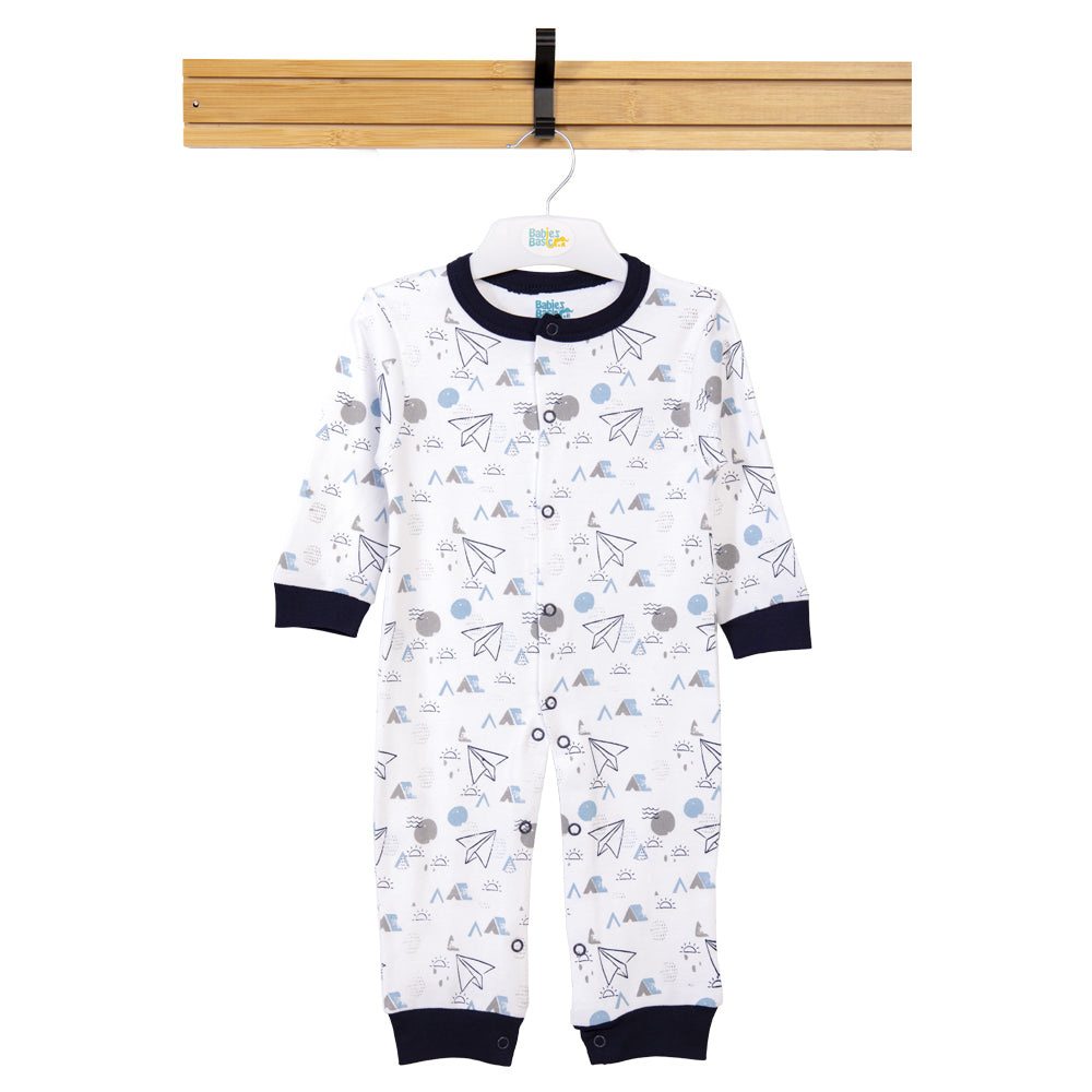 Babies Basic - Printed Cotton Long Sleeves Sleepsuit/Romper -White