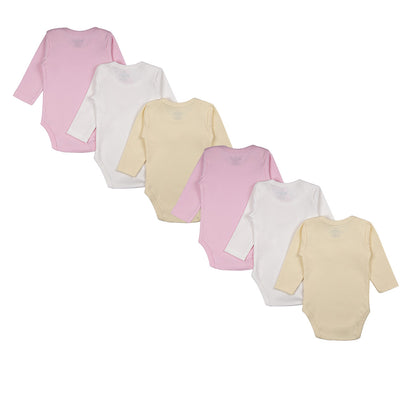 Babies Basic - 6pc-Set - 100% Cotton LongSleeve Bodysuit ‚ Pink, Lemon, White