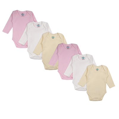 Babies Basic - 6pc-Set - 100% Cotton LongSleeve Bodysuit ‚ Pink, Lemon, White