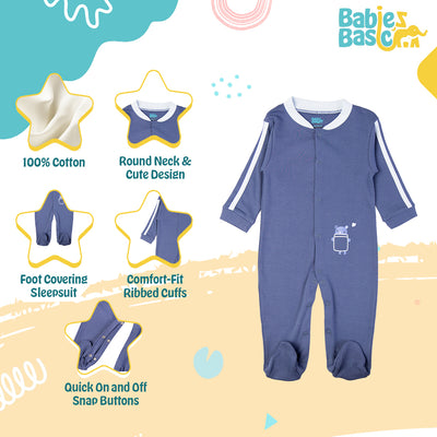 Babies Basic - Printed Cotton Long Sleeves Sleepsuit/Romper -Blue