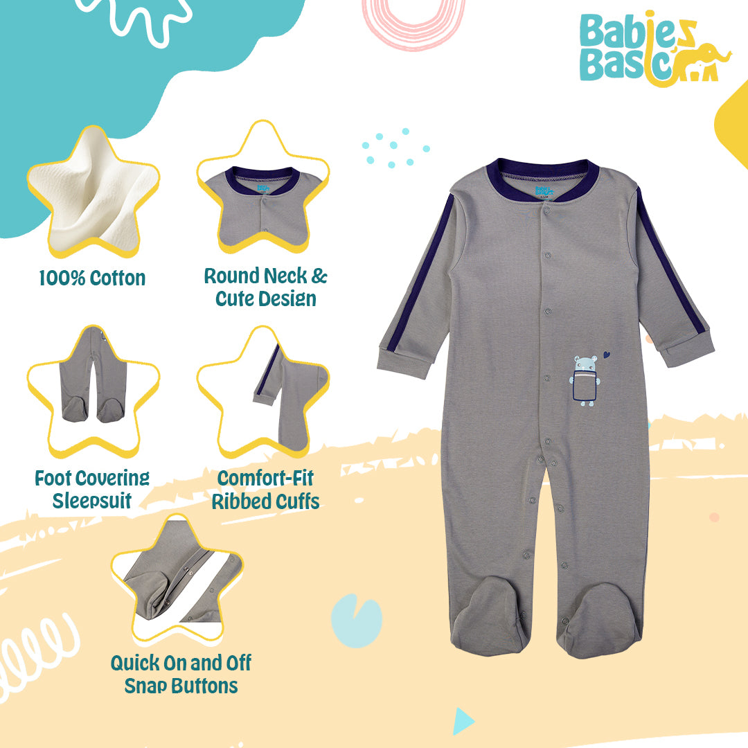 Babies Basic - Printed Cotton Long Sleeves Sleepsuit/Romper -Grey