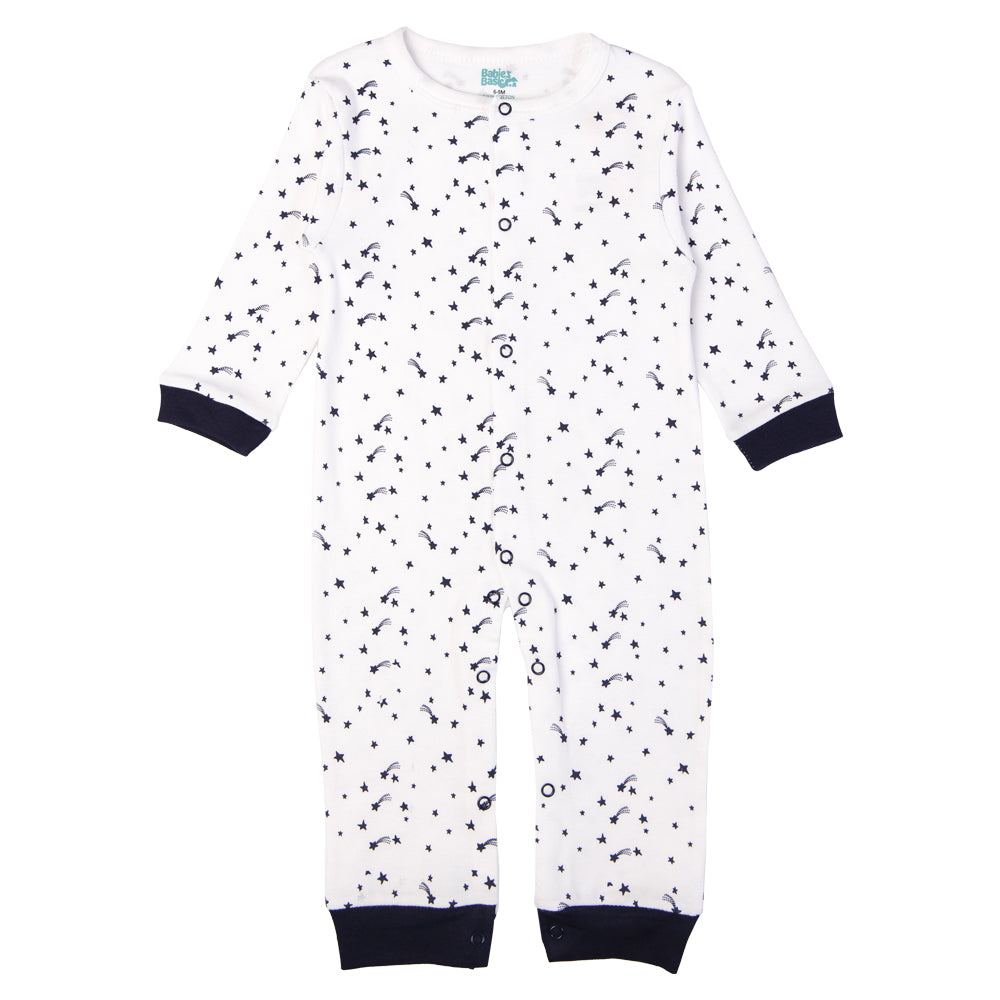 Babies Basic - Printed Cotton Long Sleeves Sleepsuit/Romper -White/Blue