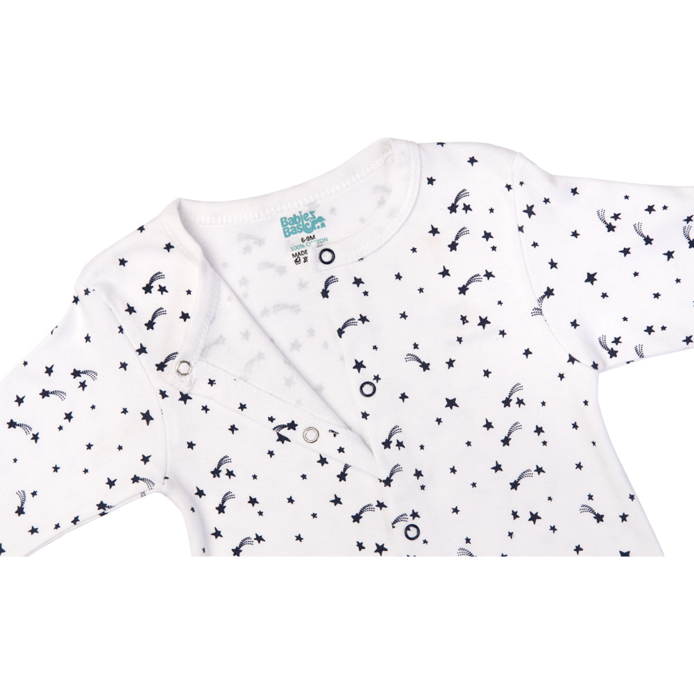 Babies Basic - Printed Cotton Long Sleeves Sleepsuit/Romper -White/Blue