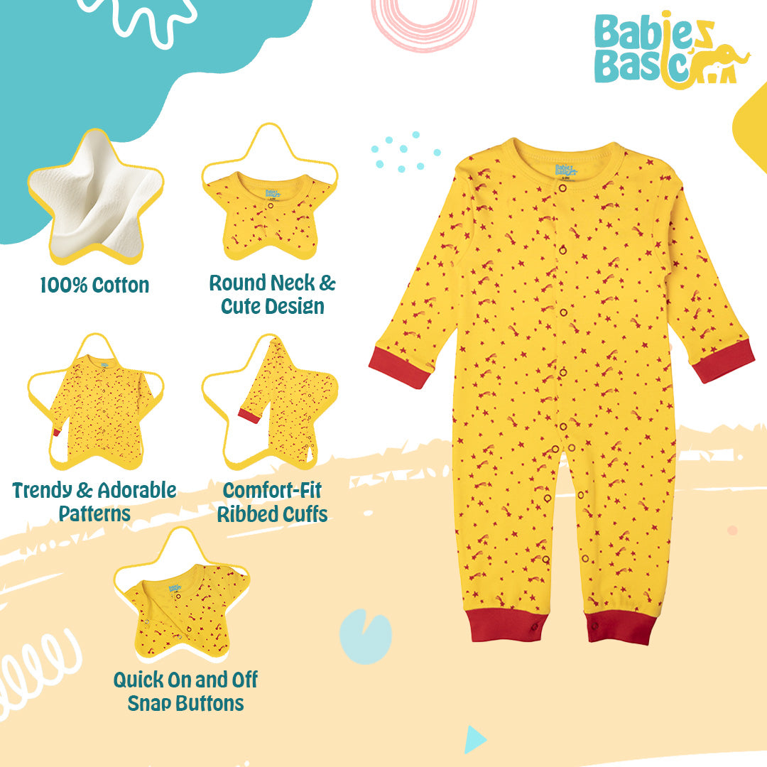 Babies Basic - Printed Cotton Long Sleeves Sleepsuit/Romper -Yellow/Red