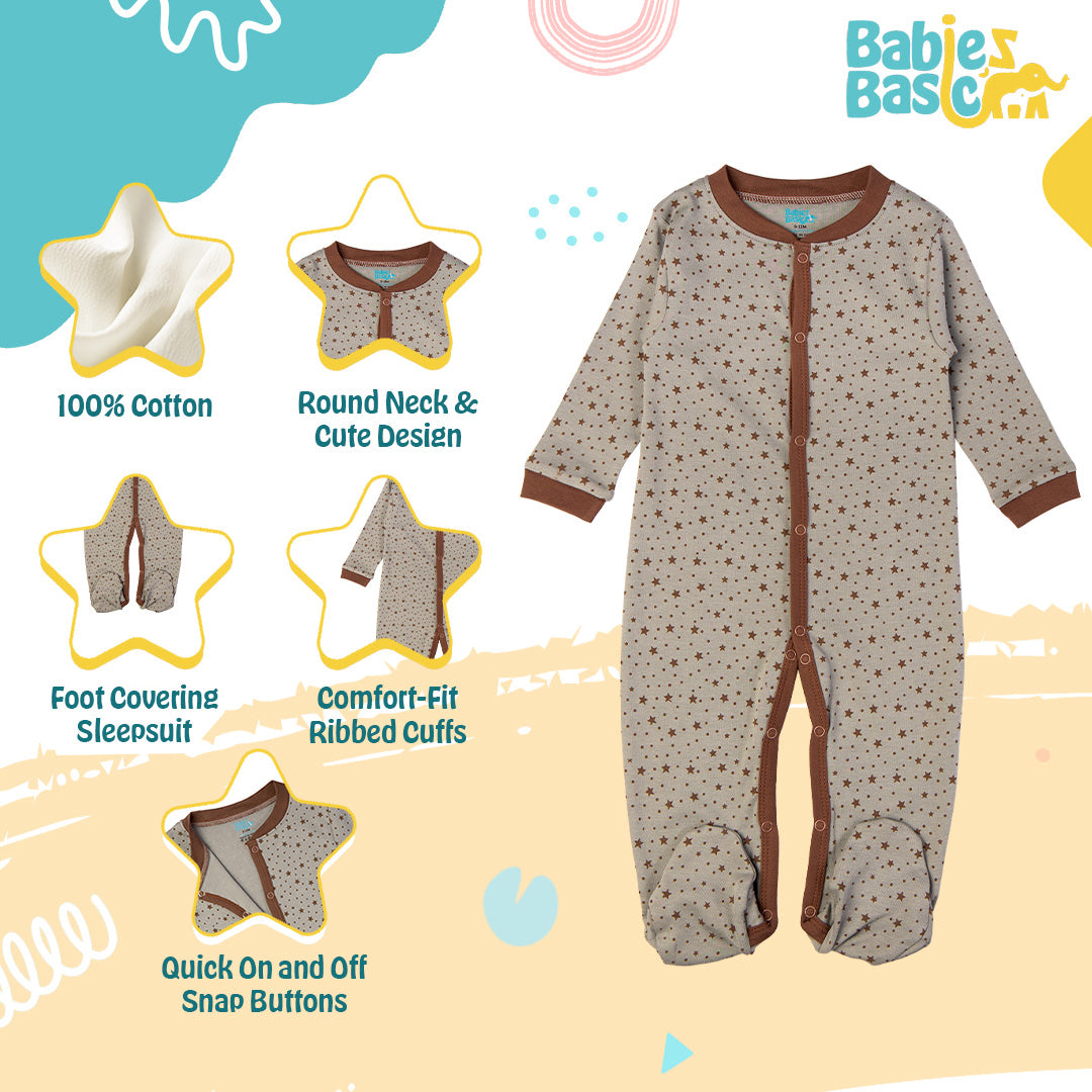 Babies Basic - Printed Cotton Long Sleeves Sleepsuit/Romper - Grey/Brown