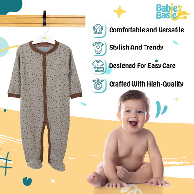 Babies Basic - Printed Cotton Long Sleeves Sleepsuit/Romper - Grey/Brown